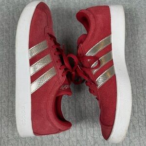 adidas Red Suede Sneakers with Silver Metallic Stripes 8